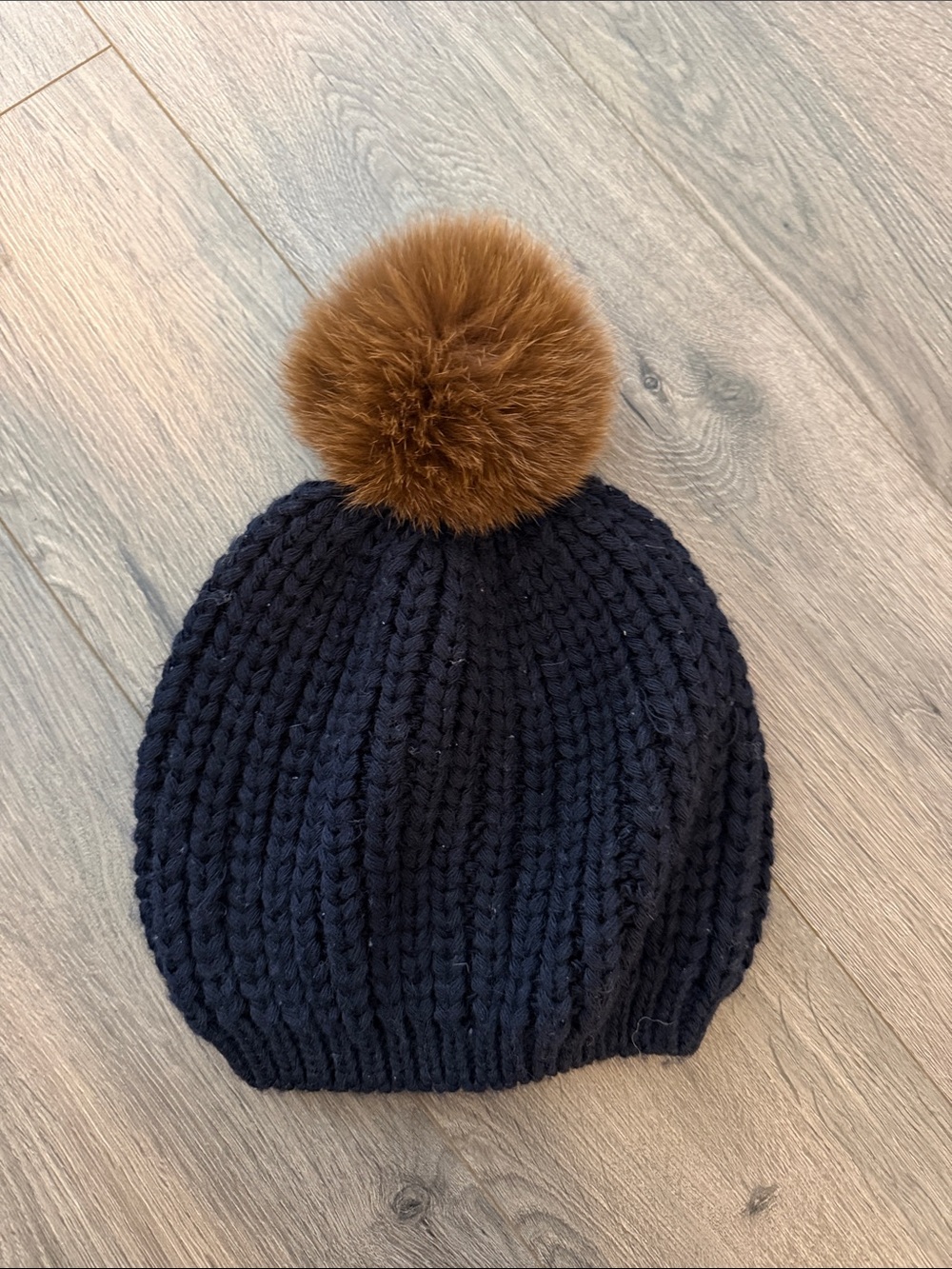 Sandro Cozy Navy Knit Pom Beanie with Brown Pom